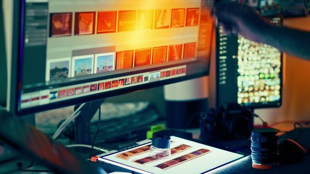 Photographer hands loupe checking analog film strips light table studio. Professional editor workspace computer monitors photo gallery software post-production workflow creative laboratory scanning