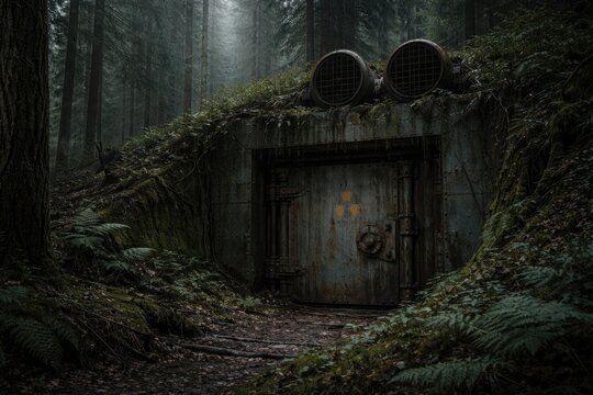 Abandoned nuclear shelter with fortified steel door and air vents hidden in dense forest