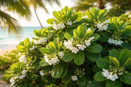 Sunlit Scaevola Taccada with vibrant green leaves and delicate white blooms in tropical setting