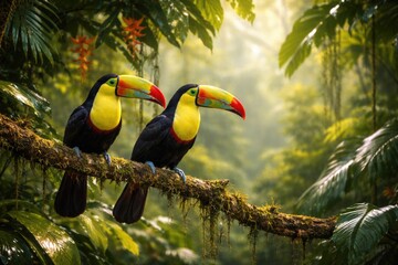 Obraz premium Vibrant toucans sitting on rainforest branch featuring lush tropical plants and soft blurred background copy space