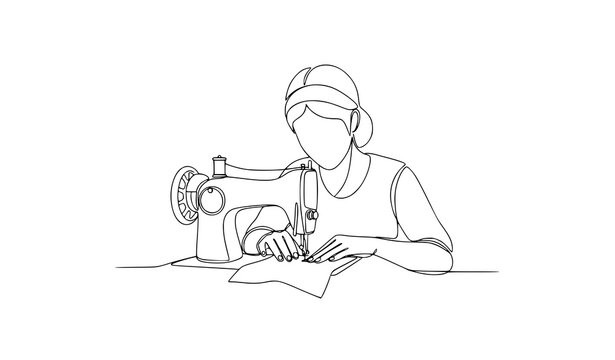 Continuous one line drawing of woman sewing with machine minimalist abstract vector illustration