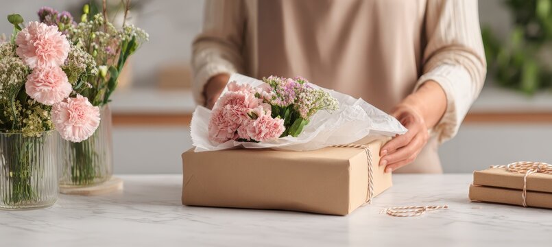Merchant packing premium gift order with tissue paper and flowers at clean tabletop