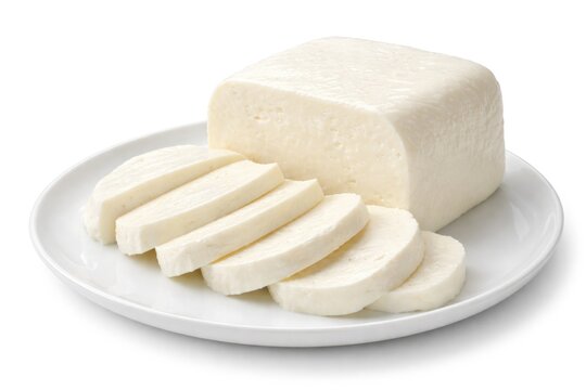 Fresh mozzarella cheese block with sliced pieces on a white plate isolated against a plain white background