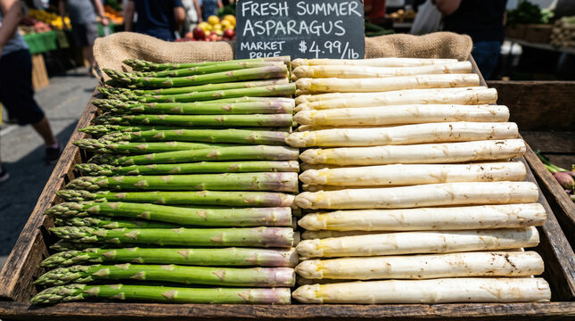 Fresh green and white asparagus is arranged neatly in a wooden crate at a market. Shoppers browse nearby, searching for vegetables and fruits