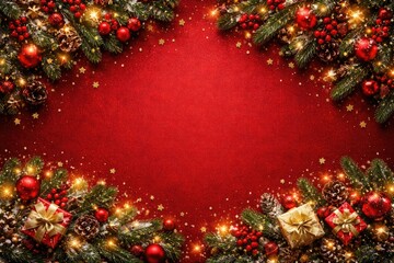Fototapeta premium Festive red backdrop Christmas greeting card with ample copy space