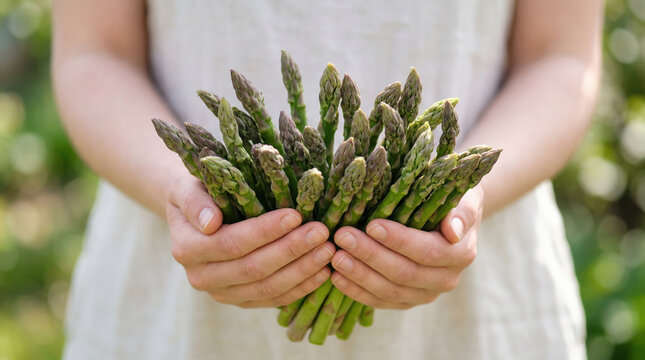 A person holds a bunch of fresh asparagus with both hands in a garden. The scene shows green plants in the background. It is a sunny day in springtime, ideal for harvesting