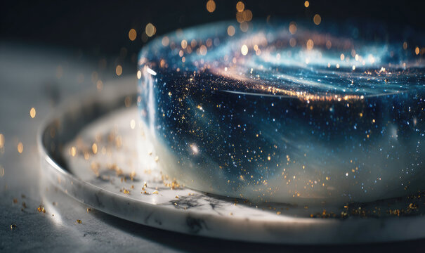 A luminous galaxy-themed resin cake rests on a marble plate with golden glitter particles. Selective focus.