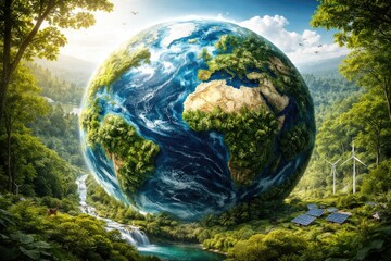 Fototapeta premium Green earth globe wrapped with forest imagery emphasizing societal sustainability and SDG principles