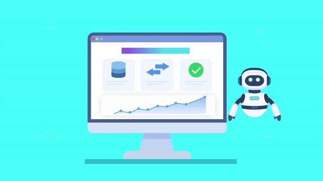 Friendly robot assistant interacting with automated dashboard featuring database sync, data update arrows, analytics charts, and progress indicators in smooth animation, representing real time synchro