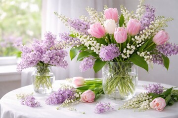 Fototapeta premium Fresh spring backdrop with lilies of the valley lilac flowers and tulips arranged on white table