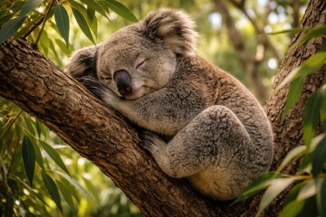 Obraz premium Sleeping koala perched quietly on a leafy gum tree limb during daytime