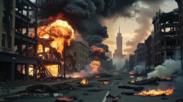Cinematic view of massive fire explosions and thick black smoke destroying urban city buildings on a debris-filled street, concept for war news reporting, global conflict and disaster risk