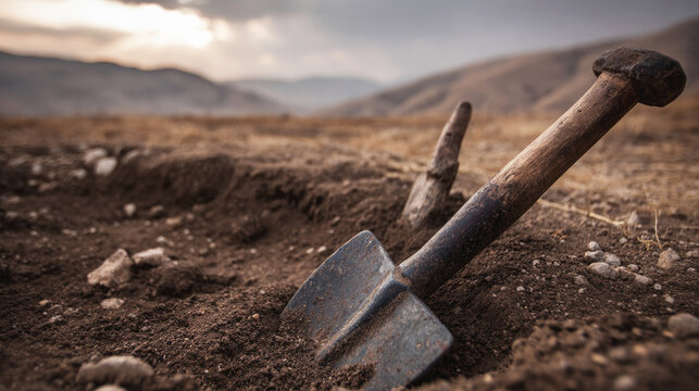 Close-up of excavation tools in dry soil at an outdoor dig site, with mountains in the background, suggesting archaeology, fieldwork, or discovery in a remote landscape.