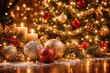 Fototapeta premium Festive holiday setting with sparkling Christmas ornaments