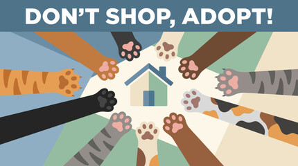 An engaging adoption campaign image highlights various cat paw prints surrounding a house icon, promoting the message of pet adoption and raising awareness about caring for animals. © Jianjiu