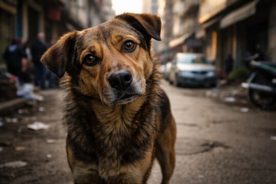 Stray canine with a questioning look in a busy neighborhood