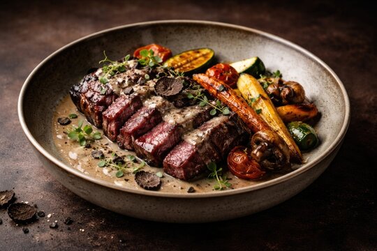 Ceramic bowl presentation of dry aged sirloin steak tagliata with roasted vegetables and truffle sauce plus copy space