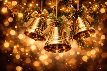 Obraz premium Festive golden bells hanging amid a softly blurred warm backdrop for celebration