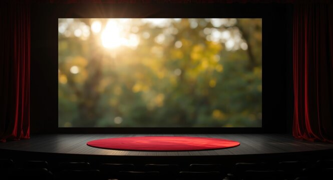 Theatre stage ready for TED talk or educational event with blurred background and morning sunlight
