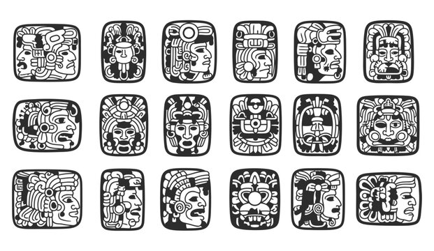 A collection of ancient mayan glyphs in black and white designs