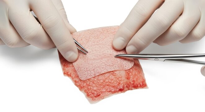 Medical professional performing a skin graft procedure on a patient's arm.