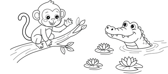 Cute cartoon monkey and crocodile friend vector for coloring page © Graph Dx