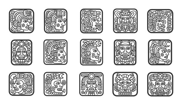 Collection of stylized mayan or aztec head illustrations in square frames