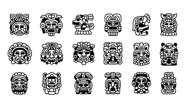 Collection of ancient mesoamerican masks and stylized animal heads