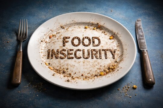 Food insecurity phrase shown on a plate against a blue studio background