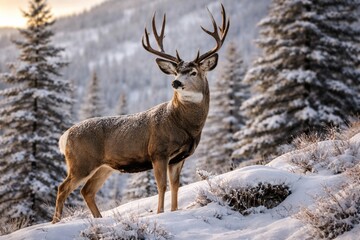 Obraz premium Full length mule deer buck on snow covered hill in winter landscape