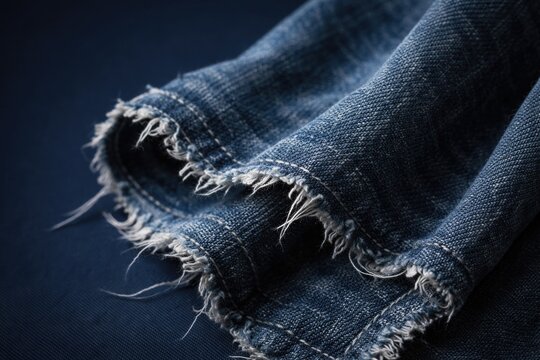 Rough edged blue grey denim material photographed against navy blue background highlighting resilience