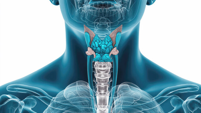 A medical 3D illustration showing the thyroid and parathyroid glands in the human neck region.