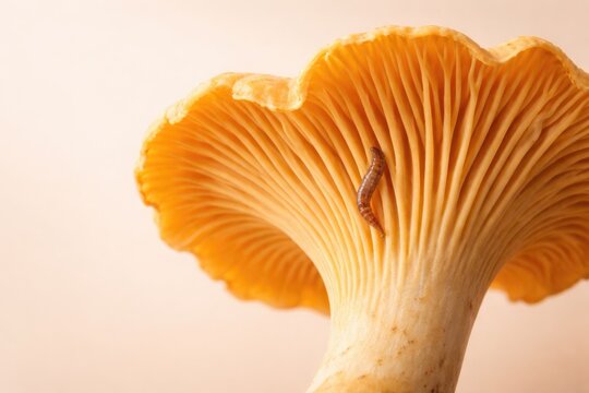 Close up of Cantharellus cibarius mushroom gills with worm on isolated pastel background and studio light with copy space