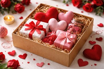 Obraz premium Valentine s Day inspired handmade box filled with hearts and gift items resting on a white table