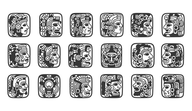 A collection of square aztec and mayan inspired head illustrations