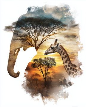 Afrika Collage mit Giraffe, Elefant und Akazienbaum bei Sonnenuntergang &ndash; kreative Illustration, Safari, Wildtiere, Natur, Savanne, Kunst, Reise, Copyspace