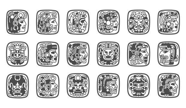 Collection of ancient mayan glyphs and face depictions in black and white