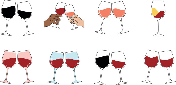 Set of wine glasses clinking and filled with red, ros&eacute;, and white wine in minimal flat vector illustration style