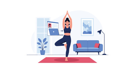 Fototapeta premium Young woman practicing the yoga tree pose in her living room while following an online instructor on her laptop screen.