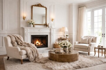 Obraz premium White traditional living space with wall paneling fireplace and fur rug in armchair setting illustration mock up