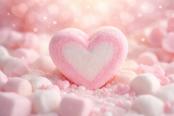 Obraz premium Romantic pink marshmallow heart on soft pastel background for Valentine theme