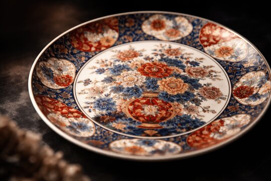 Artistic soft focus image showcasing classic Japanese imari porcelain on a decorative plate with a black background