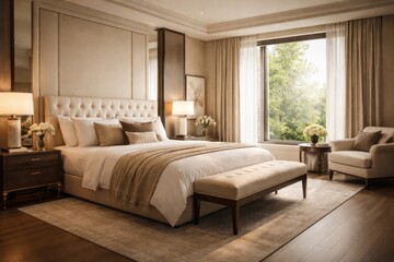 Fototapeta premium Upscale hotel bedroom with tranquil ambiance in soft natural light and refined cream and earth toned decor