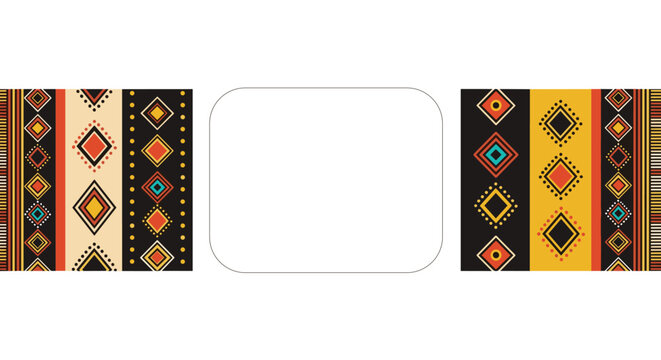 Ethnic pattern card template with traditional African geometric designs in warm colors and a blank white space for text in the center.