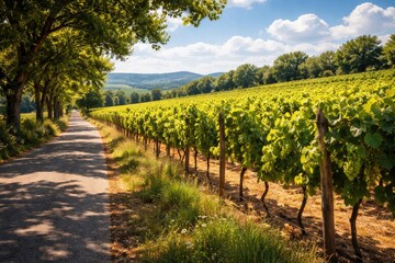 Naklejka premium Sunny day capturing a peaceful street and green grape fields