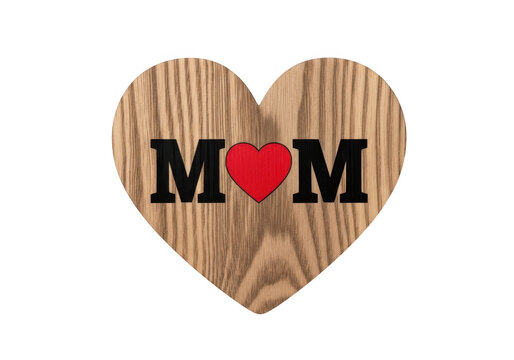 Handcrafted wooden heart with mom acronym isolated on transparent background