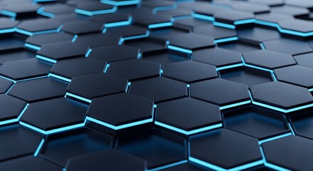 Obraz premium Futuristic dark brushed metal hexagonal pattern background with glowing cyan blue neon light in the seams. Abstract 3D honeycomb geometric grid for technology, cyber gaming, and innovation.