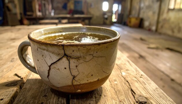 Cracked Ceramic Mug Filled With Gritty Lukewarm Water Sitting On A Weathered Wooden Surface