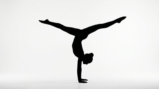 Silhouetted figure performing handstand with wide leg split, bright white background, minimalist composition emphasizing strength, balance, and flexibility.