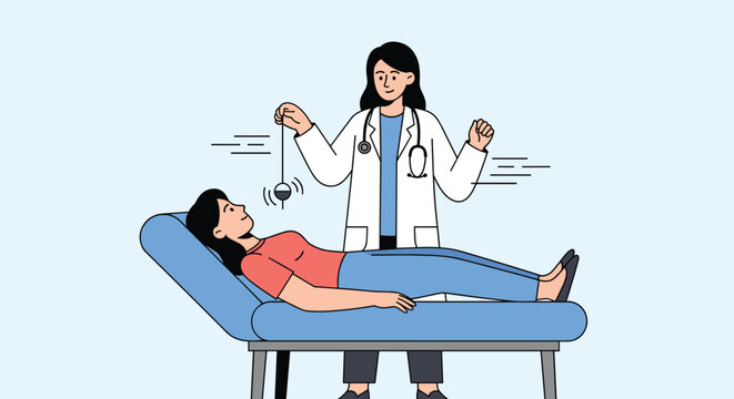Female doctor uses a hypnotic pendulum while a patient lies on a couch to perform professional clinical hypnosis therapy sessions.